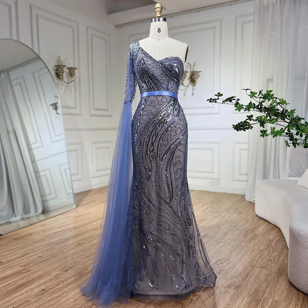 Sporty Comfort Serene Hill 2024 Blue Mermaid One Shoulder Elegant Cape Sleeve Beaded Evening Dresses Gowns For Women Wedding Party LA72294
