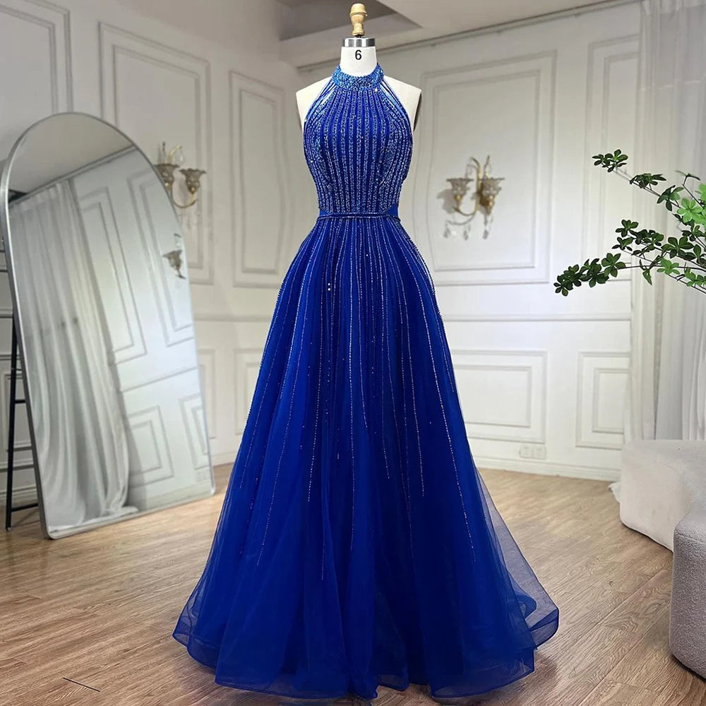 Warm Chic Serene Hill Arabic Blue Elegant A Line Luxury Evening Dresses Dubai Sequins Beaded Tassel Formal Halter Dress 2024 LA72227