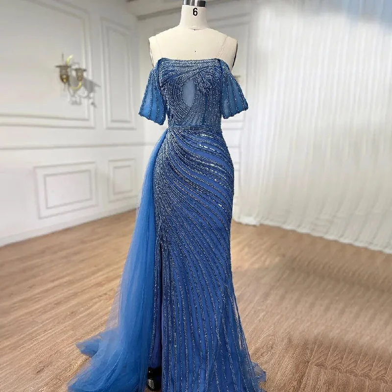Soft Knitwear Serene Hill Arabic Blue Elegant Mermaid Sexy High Split Beaded Luxury Evening Dresses Gowns 2024 For Women Wedding Party LA71934