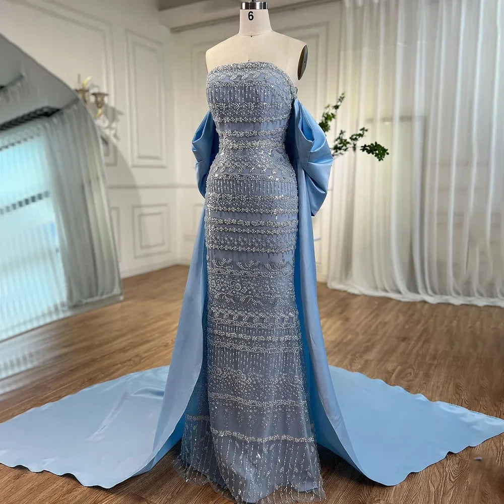 Chic Outfits Serene Hill Arabic Sage Blue Elegant Mermaid Strapless Beaded Evening Dresses For Women Wedding Party 2024 LA72126