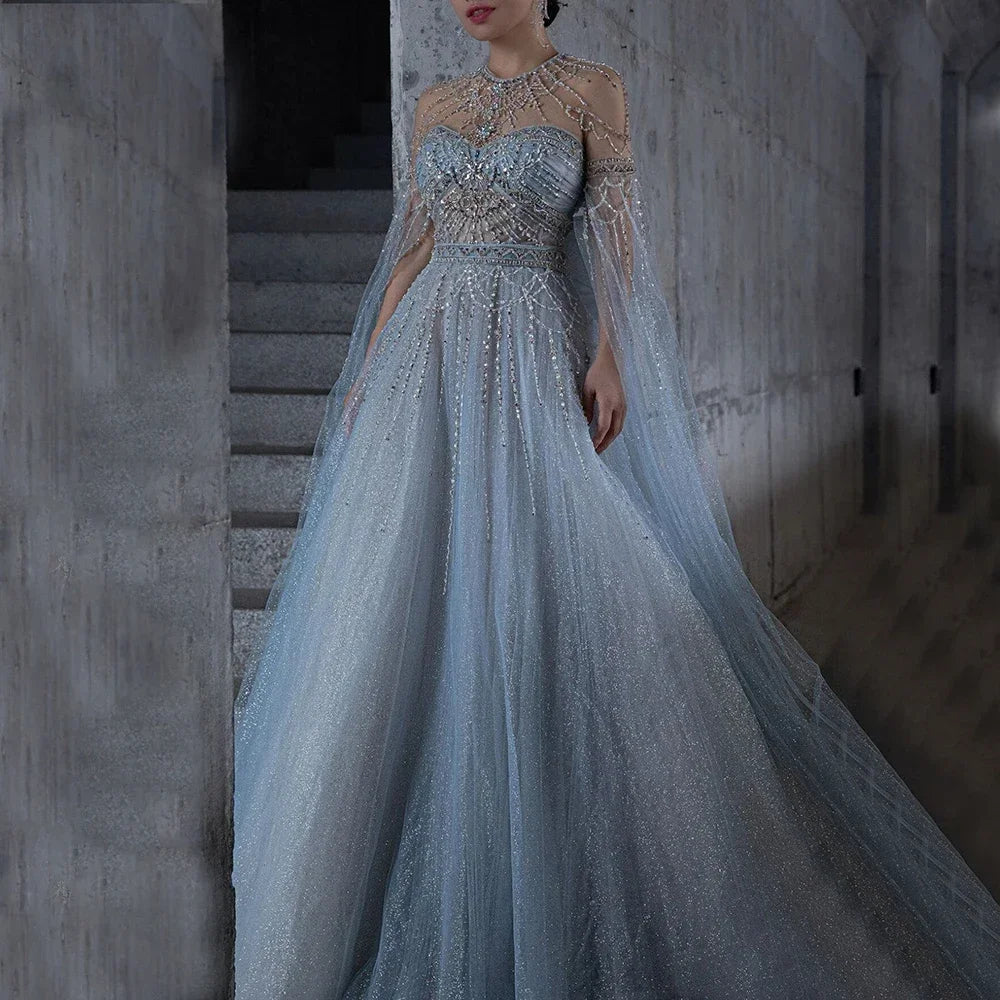 Comfortable Lounge Wear Serene Hill Blue A-Line Arabic Cape Sleeves O-Neck Bow Beaded Luxury Evening Dresses Gowns 2024 For Women Party LA71831