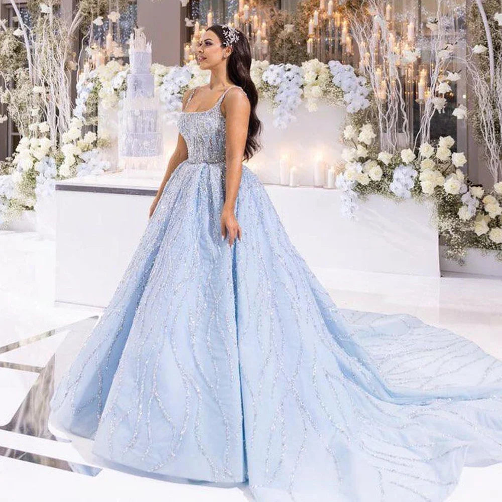 Layered Style Serene Hill Blue Luxury High end Wedding Dresses 2024 Beaded Sleeveless Lace Up Bridal Dress HM67331 Custom Made