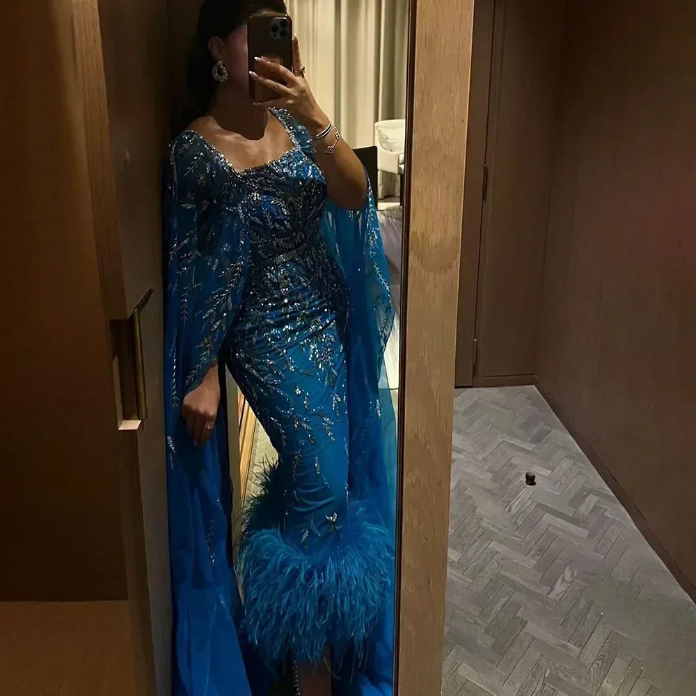 Stylish Jackets Serene Hill Blue Mermaid Ankle Length Midi Feather Beaded With Cape Evening Dresses Gowns For Women Wedding Party 2024 LA71841A