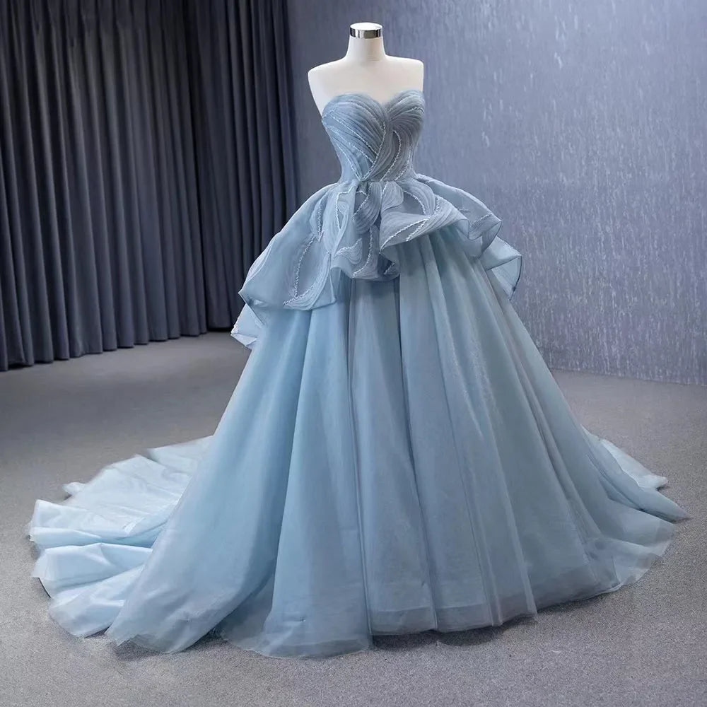Timeless Style Serene Hill High End Custom Made Gray Blue Strapless Lace Up Beaded Luxury Ball Gown Bride Gowns Wedding Dress HM231064