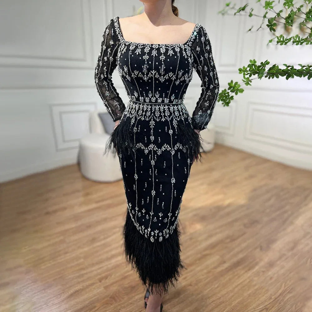 Urban Chic Serene Hill Luxury Crystal Feathers Dubai Evening Dresses for Women Wedding Elegant Blue Lace Midi Arabic Party Gown LA71492A