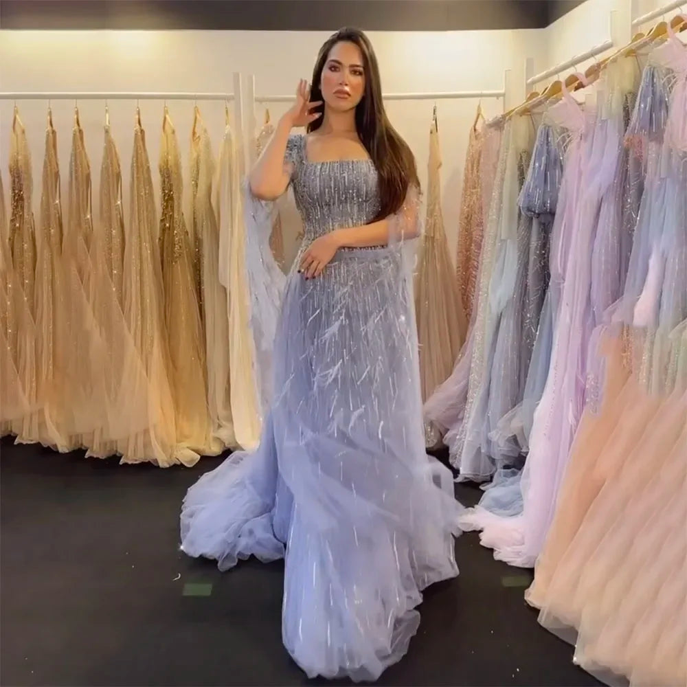 Relaxed Fashion Serene Hill Luxury Dubai A Line Blue Cape Sleeves Feathers Beaded Evening Dresses Gowns 2024 For Women Wedding Party LA72236