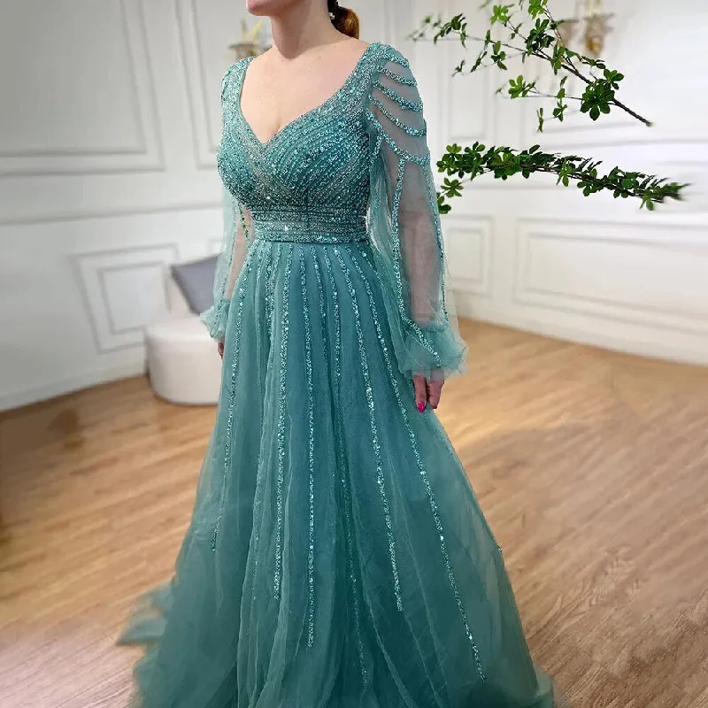 Everyday Outfits Serene Hill Muslim Navy Blue A-Line Beaded Luxury Arabic Evening Dresses Gowns 2024 For Women Wedding Party LA71867