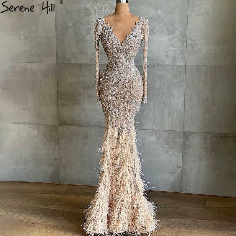 Easy-to-Wear Serene Hill Muslim Nude Meramid Luxury Evening Dresses Gowns 2024 Beading Feathers Elegant For Women Party LA71093