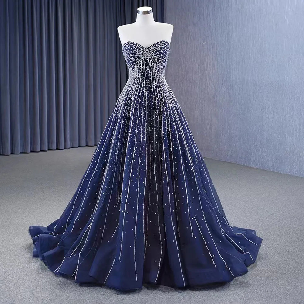 Trendy Looks Serene Hill Navy Blue High End Sexy Strapless Crystal Beaded Luxury Pearls Lace Up Bride Gowns Wedding Dress Custom Made HM23102