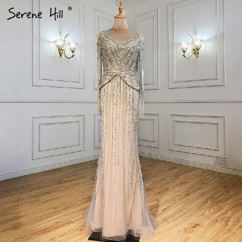 Simple Comfort Serene Hill Silver Nude Luxury Elegnat Evening Dresses Gowns 2024 Mermaid Beaded Tassel For Woman Party LA71295