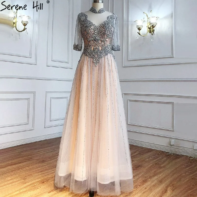 Soft Casuals Serene Hill Silver Nude Luxury Evening Dresses Gowns 2024 Beaded A-Line Sexy For Woman Wedding Party  LA71186