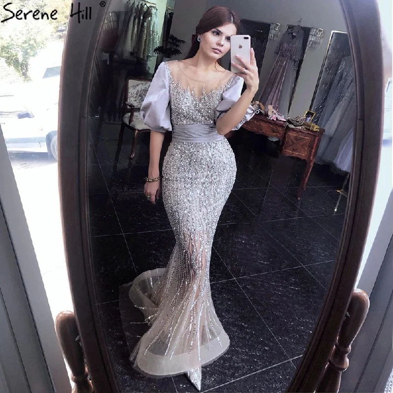Comfy Chic Wear Serene Hill Silver Nude Luxury Mermaid  Beading Evening Dresses Gowns  Puffy Sleeves Elegant For Women Party  LA70809