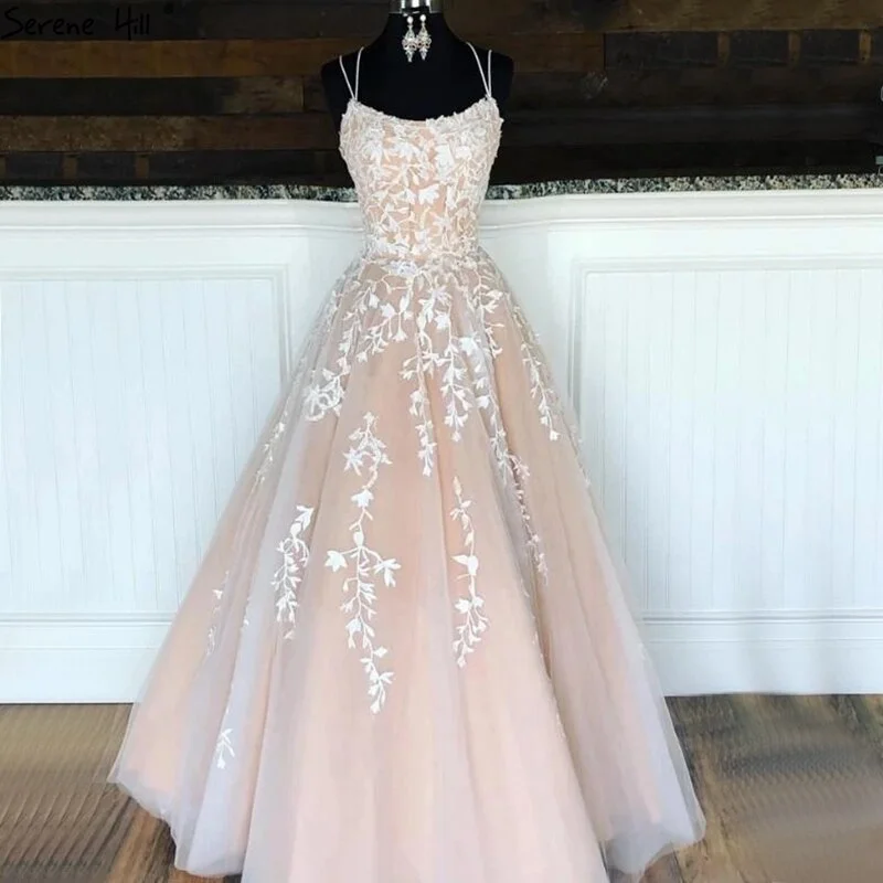 Cozy Footwear Serene Hill White Nude A-Line Prom Dresses 2024 Crystal Lace Flower Spaghetti Strap Graduation School Party Gown LA70506