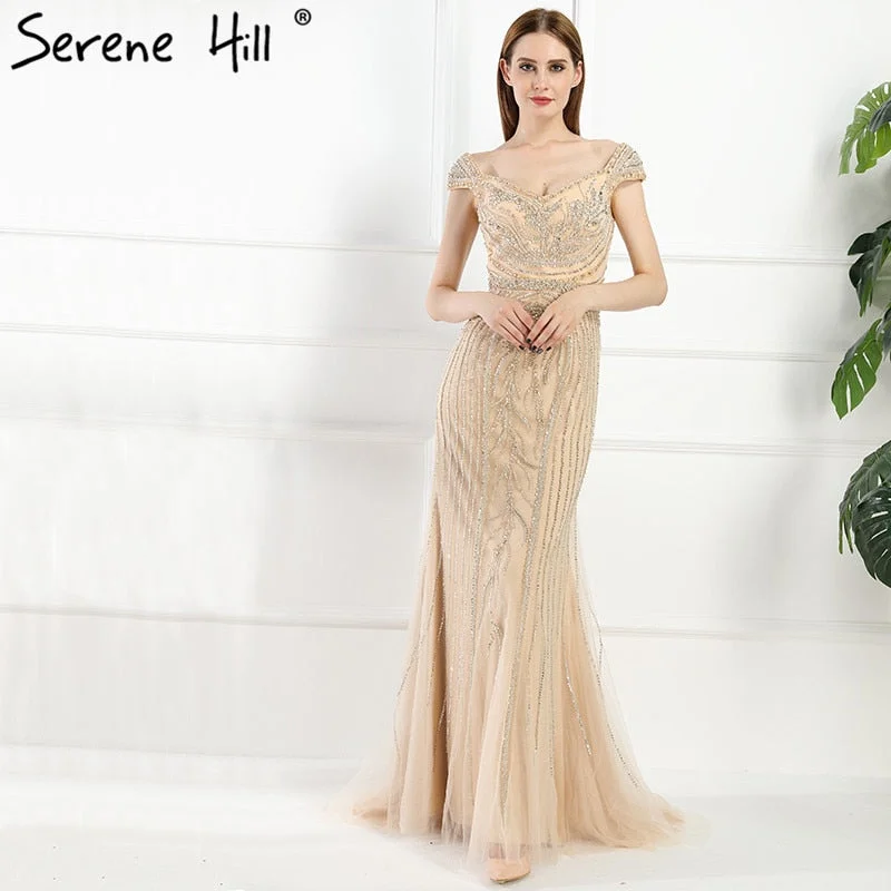 Relaxed Looks Sexy  Off Shouler Diamond Gold Nude Mermaid Evening Dresses Sparkly Evening Gown  2024  Real Photo LA6110