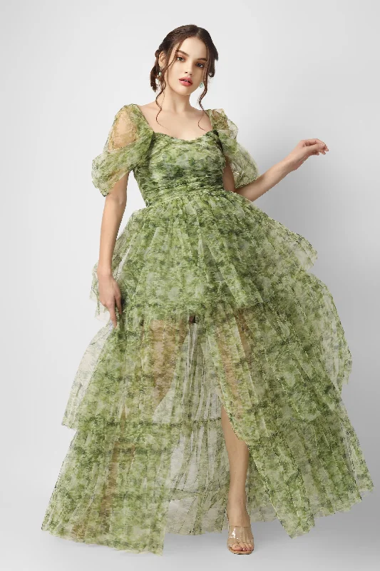 Versatile Outfits Sydney Tulle Maxi Dress in Green Print