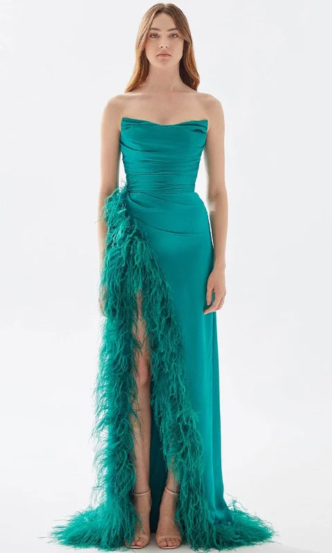 Warm Wear Tarik Ediz 52004 - Strapless Feathered Slit Prom Gown