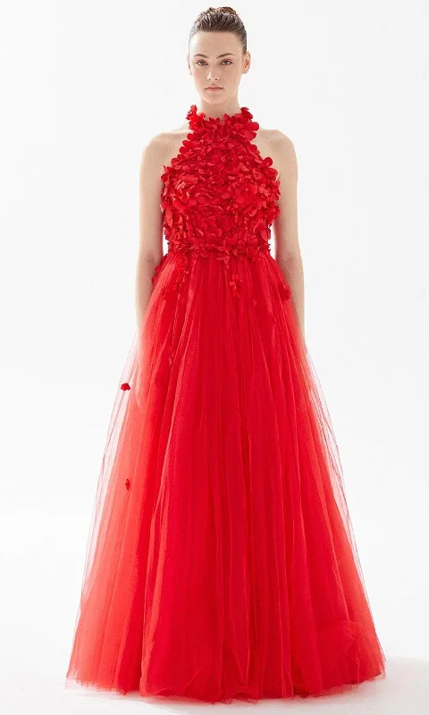 Soft Feel Tarik Ediz 98243 - Floral Appliqued Halter Evening Gown