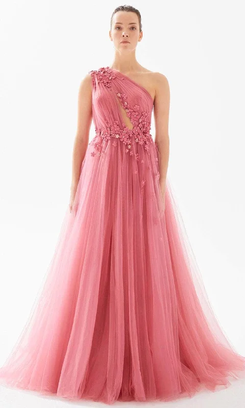Trendy Comfort Wear Tarik Ediz 98275 - Floral Appliqued Asymmetric Evening Dress