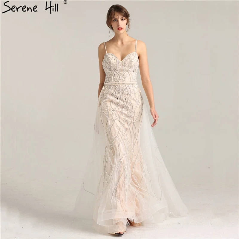 Elegant Casuals White Nude Evening Dresses Pearls Crystal Mermaid Evening Gown LA6242