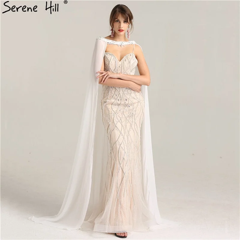 Cozy Essentials white Nude Heavy Beading Wedding Dresses  With Cap Pearls Crystal Mermaid Wedding Gown LA6098