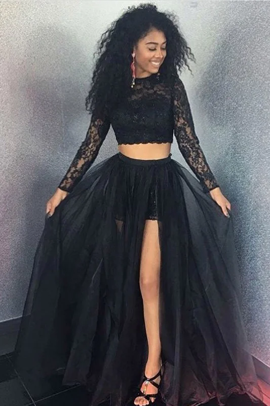 Cozy Apparel Black lace two pieces tulle long prom dress, black evening dress
