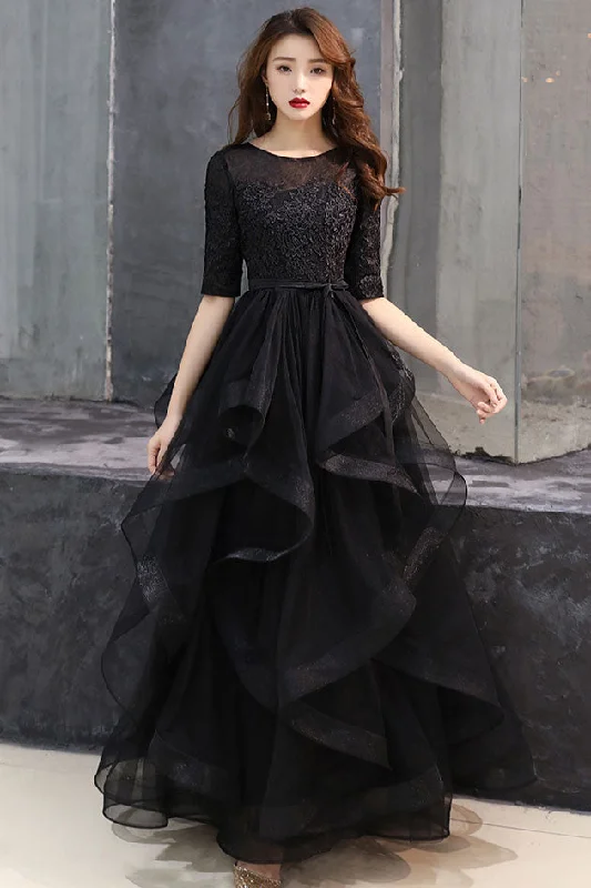Modern Chic Black round neck tulle lace long prom dress, black formal dress