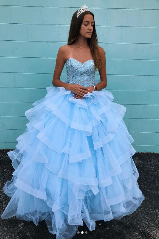 Sporty Comfort Blue sweetheart neck tulle beads long prom dress, blue evening dress