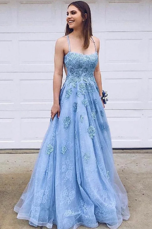 Cozy Footwear Blue sweetheart tulle lace long prom dress, blue long evening dress