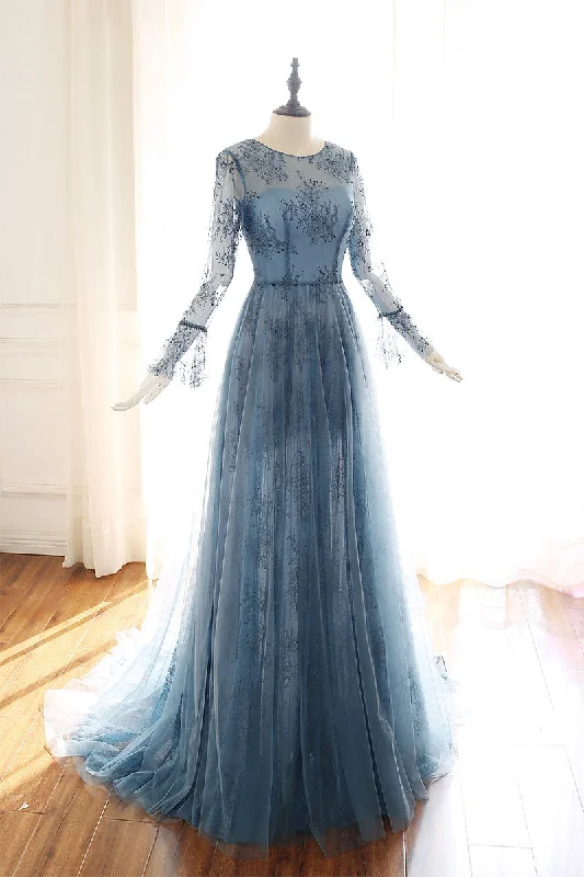 Sporty Wear Blue tulle lace Long sleeve prom dress, blue bridesmaid dress