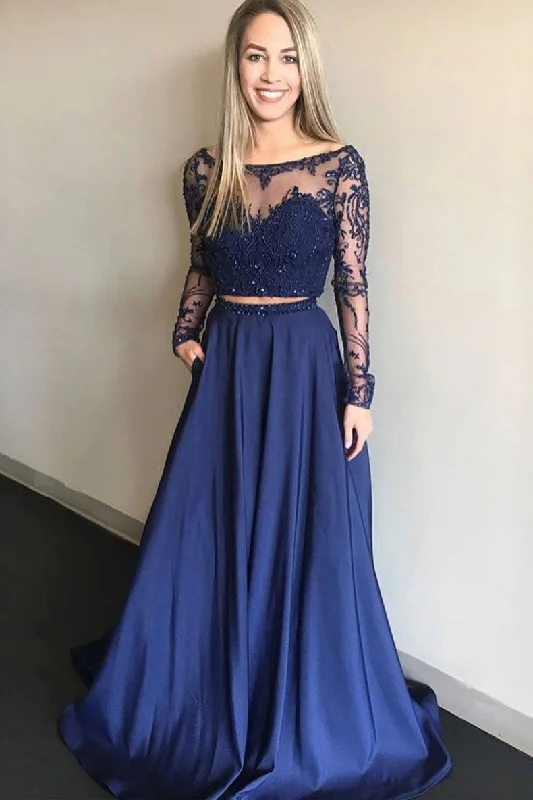Soft Comfort Wear Blue two pieces lace long prom dress, blue bridesmaid dress