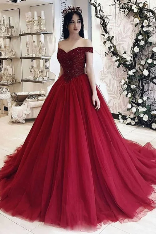 Cozy Chic Trends Burgundy sweetheart tulle long prom dress, burgundy evening dress