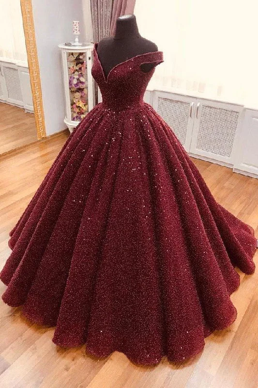 Everyday Outfits Burgundy tulle sequin long prom dress, burgundy long evening dress