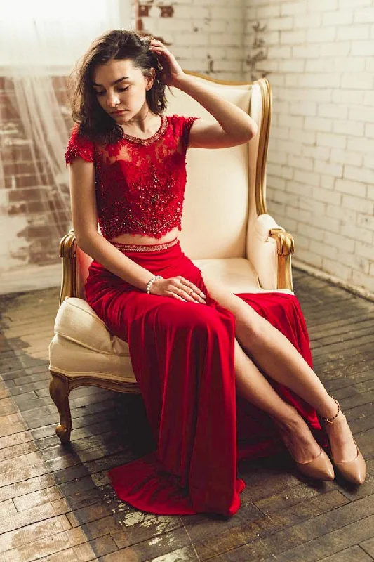 Comfortable Fitwear Burgundy two pieces lace long prom dress, burgundy evening dress
