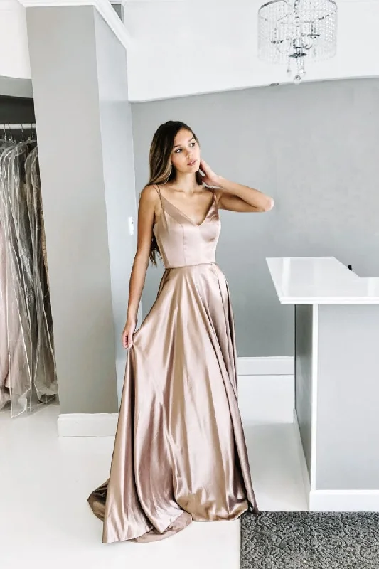 Comfortable Sweaters Champagne satin long prom dress, champagne evening dress