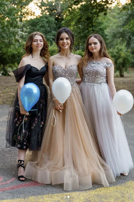 Chic Outfits Champagne sweetheart tulle sequin beads long prom dress, formal dress