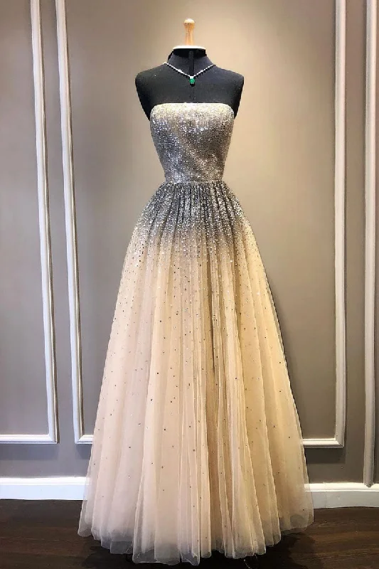 Easy-to-Wear Champagne tulle sequin long prom dress, tulle formal dress