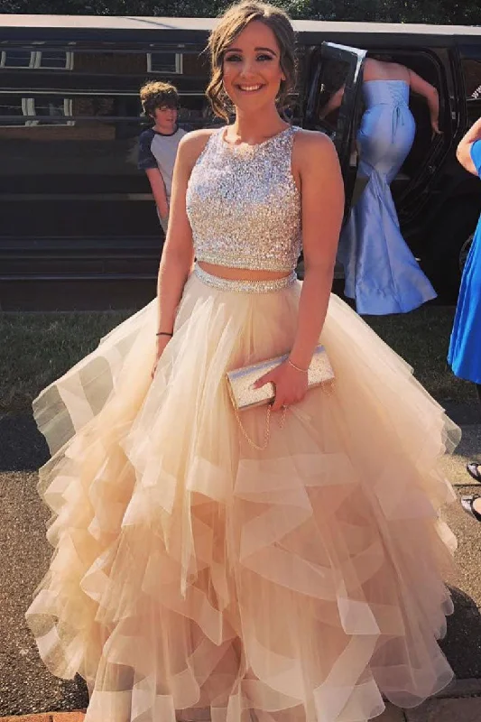 Cozy Fit Wear Champagne tulle two pieces sequin long prom dress, tulle evening dress