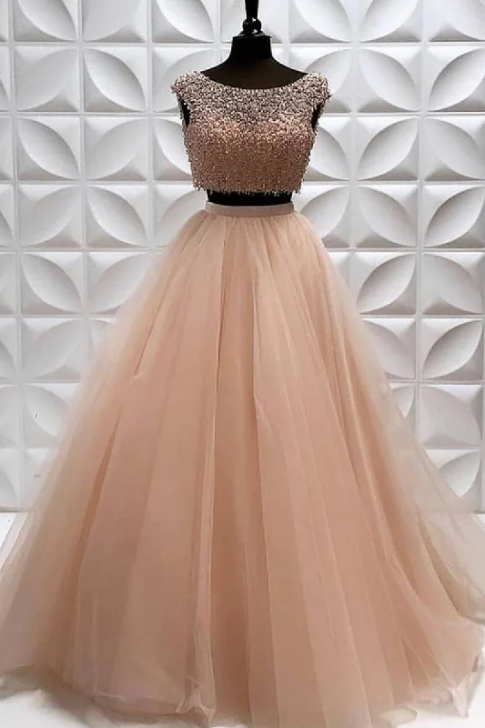 Timeless Style Champagne two pieces beads long prom dress, champagne evening dress
