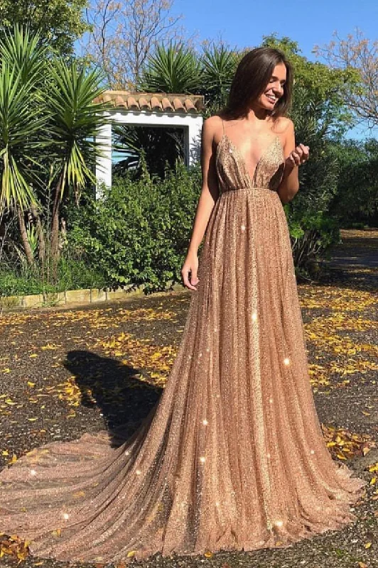 Comfy Layers Champagne v neck tulle sequin long prom dress, champagne evening dress