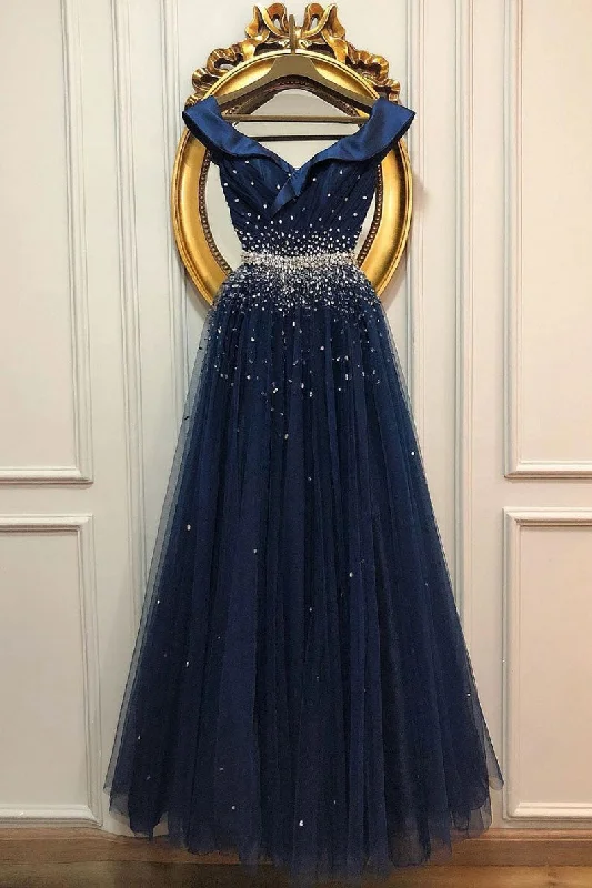Casual Fit Dark blue tulle sequin long prom dress, tulle evening dress