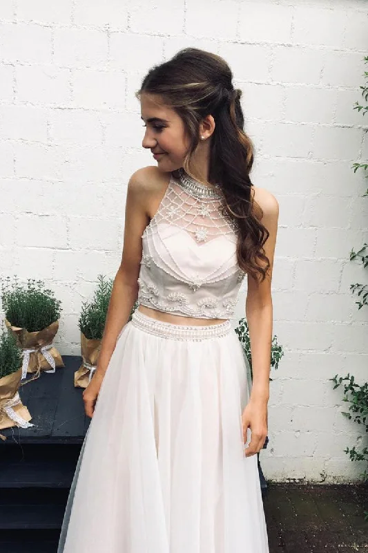 Soft Tops Elegant tulle two pieces beads long prom dress, evening dress