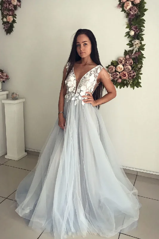 Stylish Casuals Gray v neck tulle lace long prom dress, gray evening dress