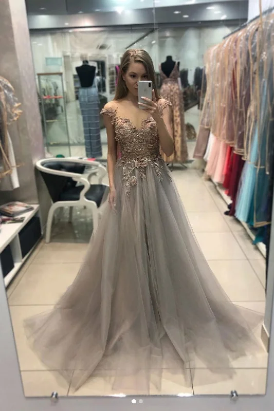 Soft Casuals Gray v neck tulle lace long prom dress, gray evening dress