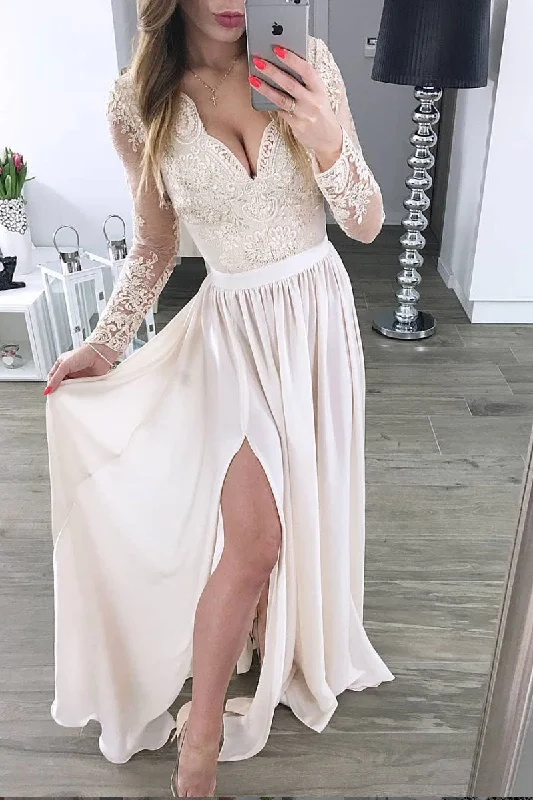Casual Chic Outfits light champagne chiffon lace long prom dress, chiffon bridesmaid dress