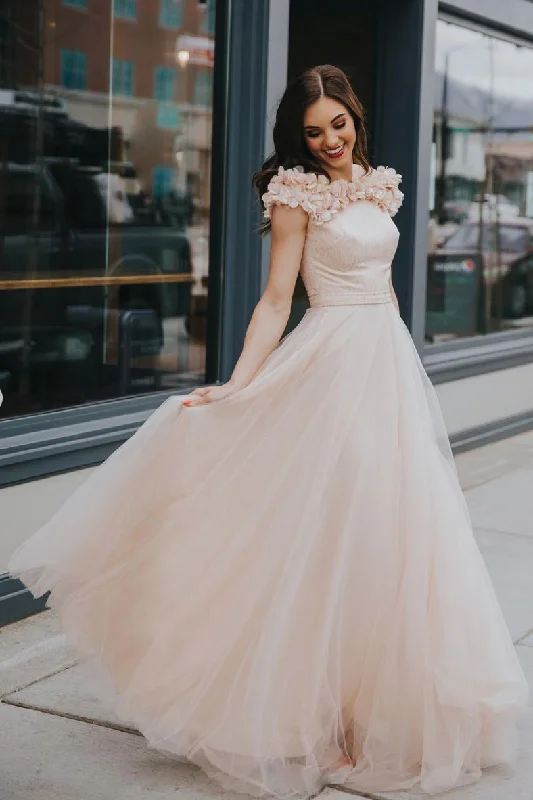 Cozy Shirts Light champagne tulle long prom dress, tulle formal dress