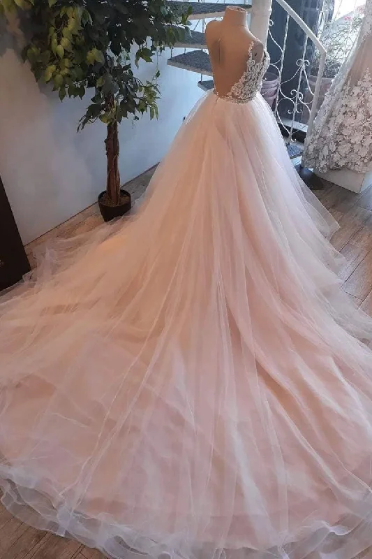 Elegant Wear Light pink tulle lace long prom dress, wedding dress