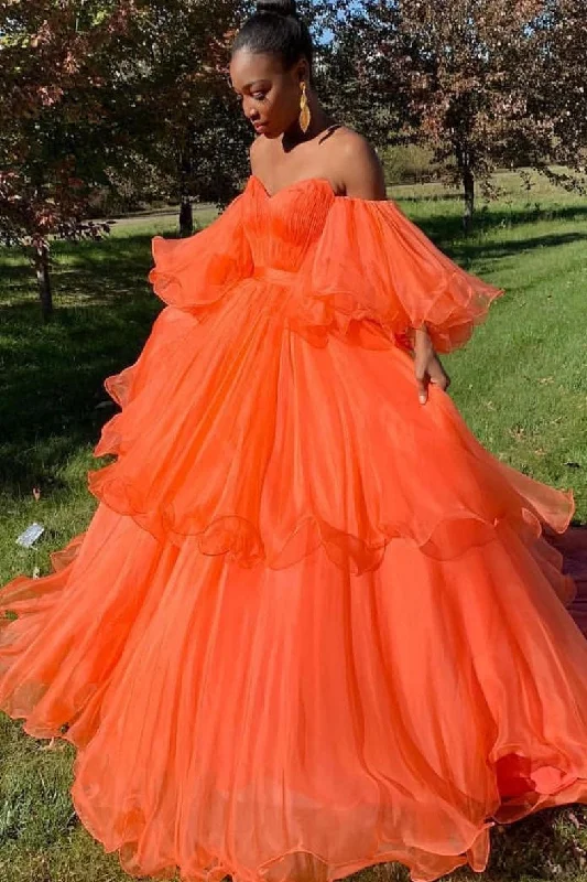Cozy Outerwear Orange sweetheart tulle long prom dress, evening dress