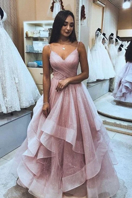 Fashionable Comfort Pink sweetheart tulle long prom dress, pink formal dress