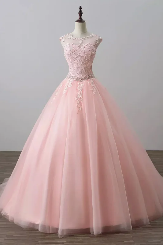 Easy Chic Pink tulle lace long prom dress, pink tulle evening dress