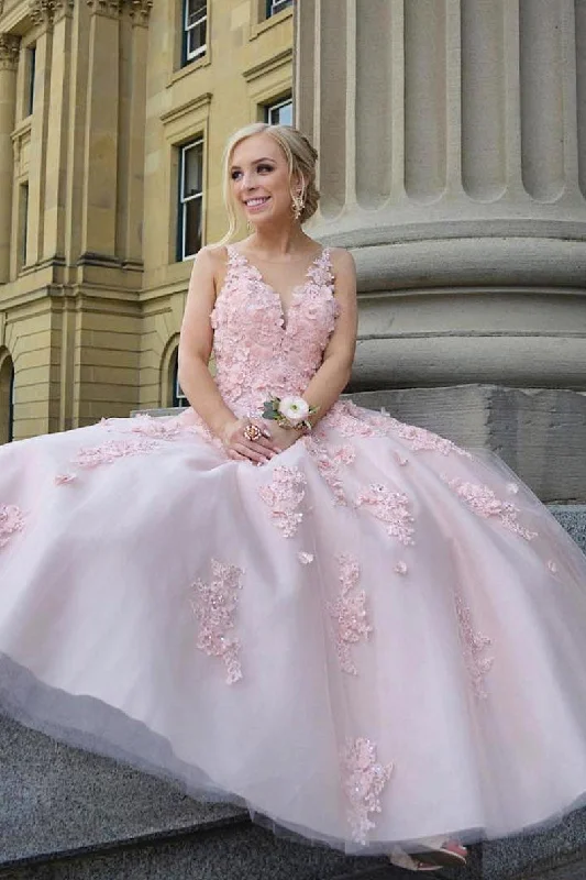 All-Day Style Pink tulle lace long prom dress, pink tulle sweet 16 dress
